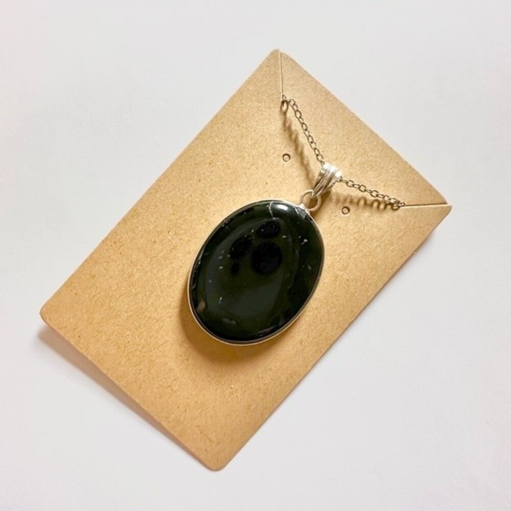 BLACK Onyx Stone Silver Plated Oval Pendant Necklace